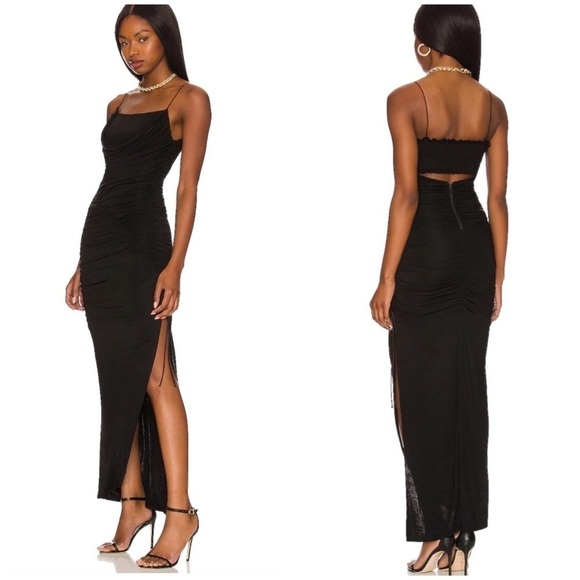 Alice + Olivia Black Sleeveless Ruched High Slit Maxi Dress Size 4 NWT $440.